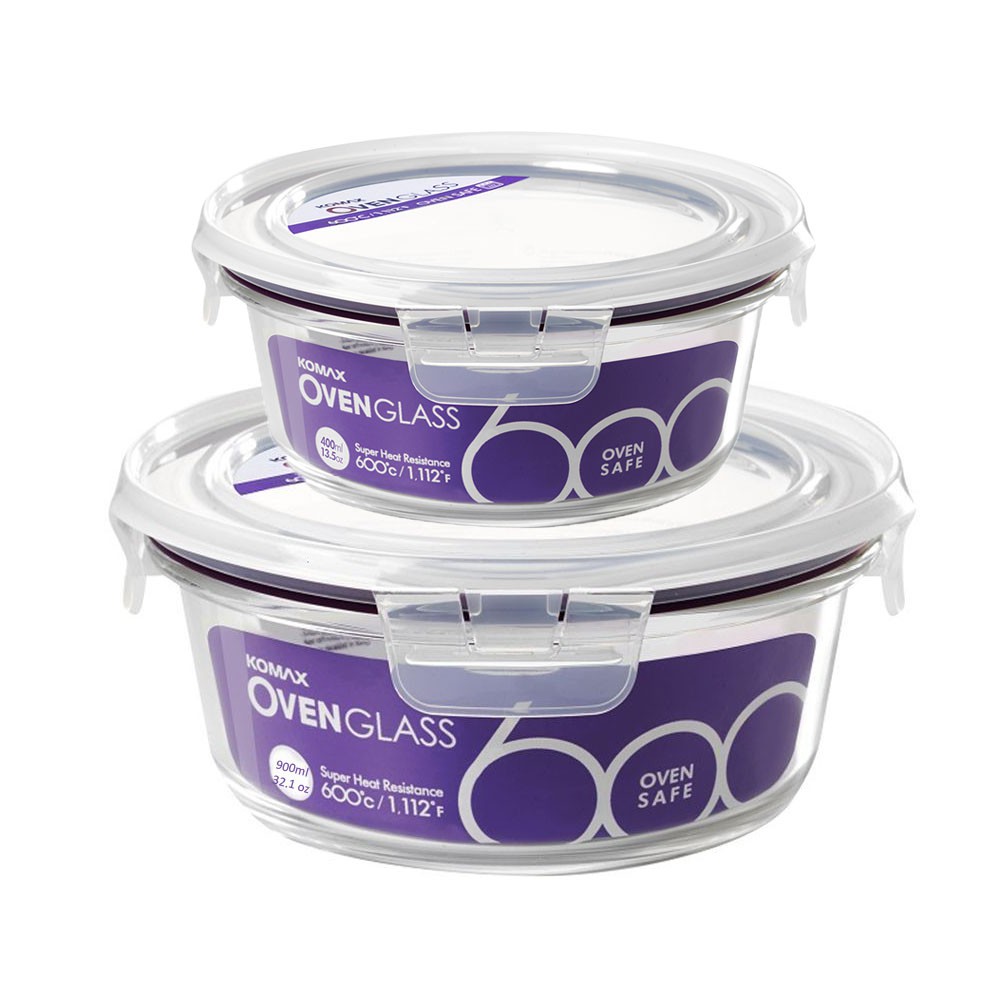 Bộ 2 hộp thủy tinh tròn chịu nhiệt Komax Oven Glass Hàn Quốc BGC 950ml và 400ml