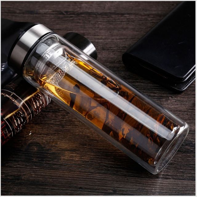 BÌNH GIỮ NHIỆT BẰNG THỦY TINH 2 LỚP 1 ĐẦU KÈM BỘ LỌC PHA TRÀ PHA CÀ PHÊ BẰNG INOX CAO CẤP - 450ML