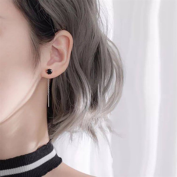 Bông tai bạc nữ đính đá đen dây xích bạc 925 thời trang phụ kiện trang sức Viễn Chí Bảo B000153x