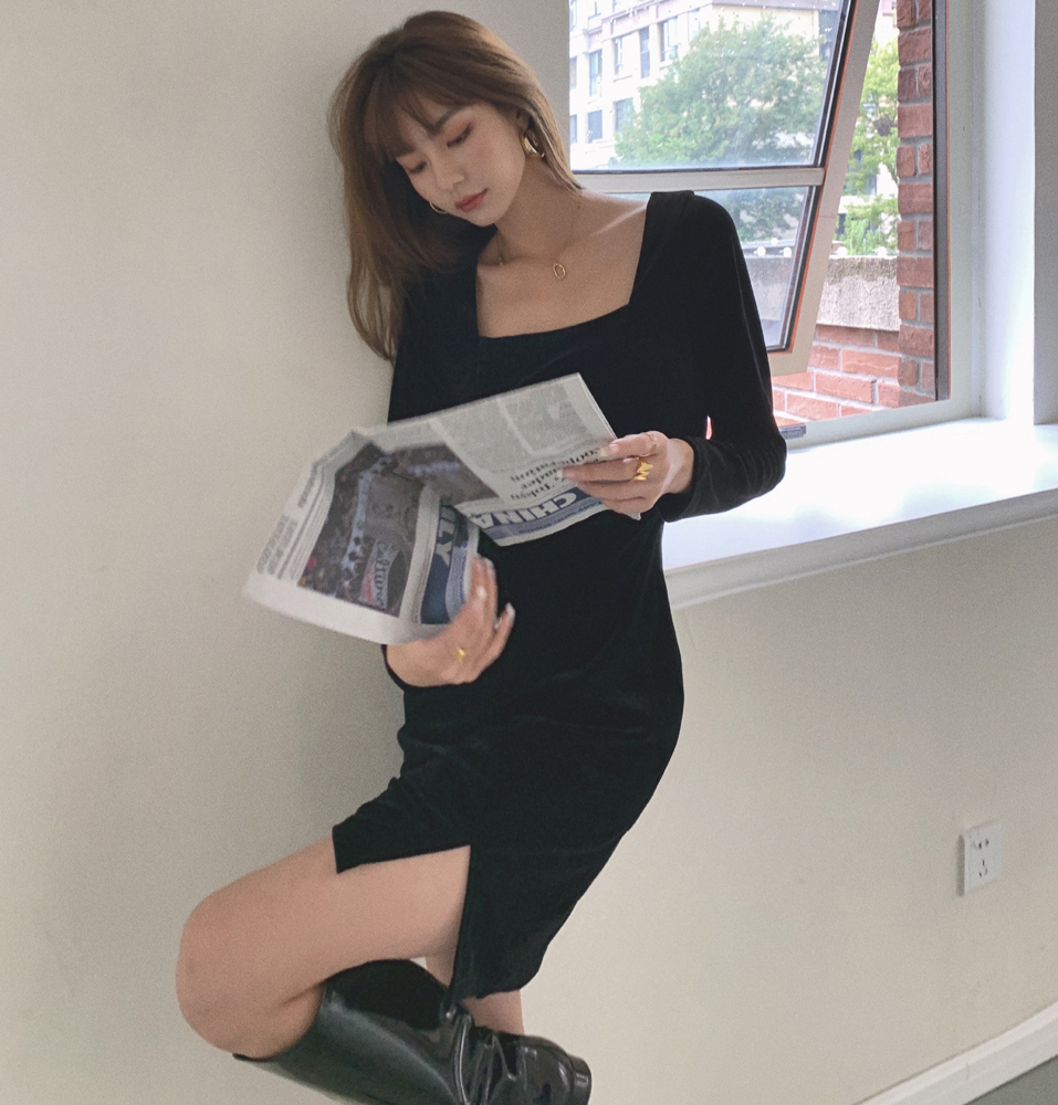 Đầm Nhung Chữ A Tay Dài Eo Cao Xẻ Tà Thời Trang 40761