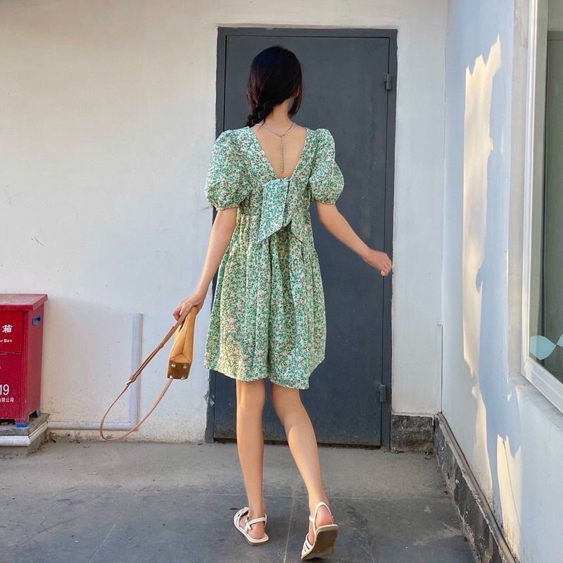 Váy babydoll nơ lưng hoa nhí xanh mint ullzang - Đầm xoè cổ vuông tay phồng nơ lưng xanh lá