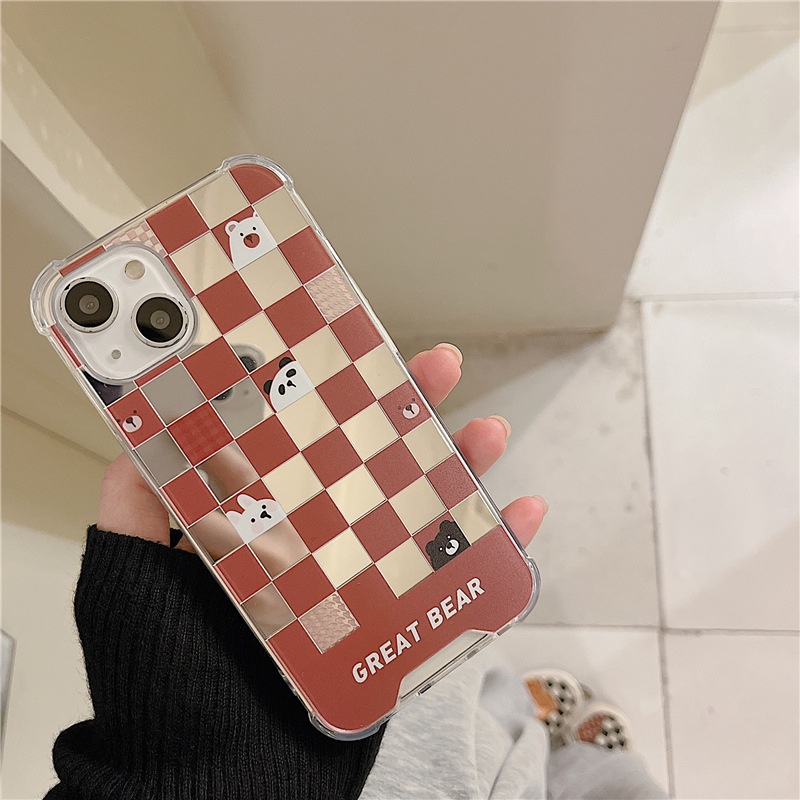 Ốp Điện Thoại Tráng Gương Họa Tiết Kẻ Ô Hình Gấu Cho Apple Iphone 13 Pro Max x/6/7/8