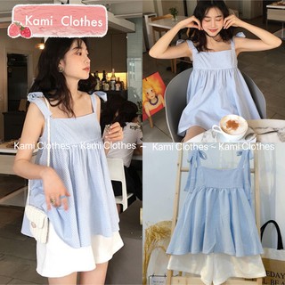 Bán sỉ - Set áo babydoll hai dây thắt nơ kẻ xanh và quần short trắng cực xinh, Set bộ style Hàn Quốc - Kami Clothes