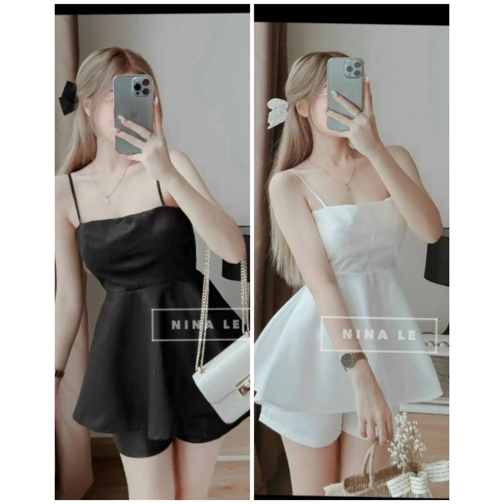 TBO Set bộ đùi áo trắng 2 dây có mút phối quần short Nina Lê tiểu thư dịu dàng màu đen