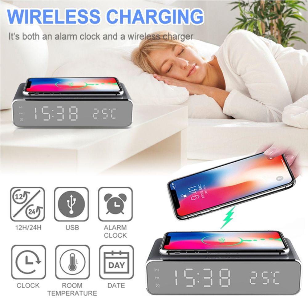 Sạc Điện Thoại Không Dây Kiêm Đồng Hồ Báo Thức Màn Hình Led Tích Hợp Đài FM