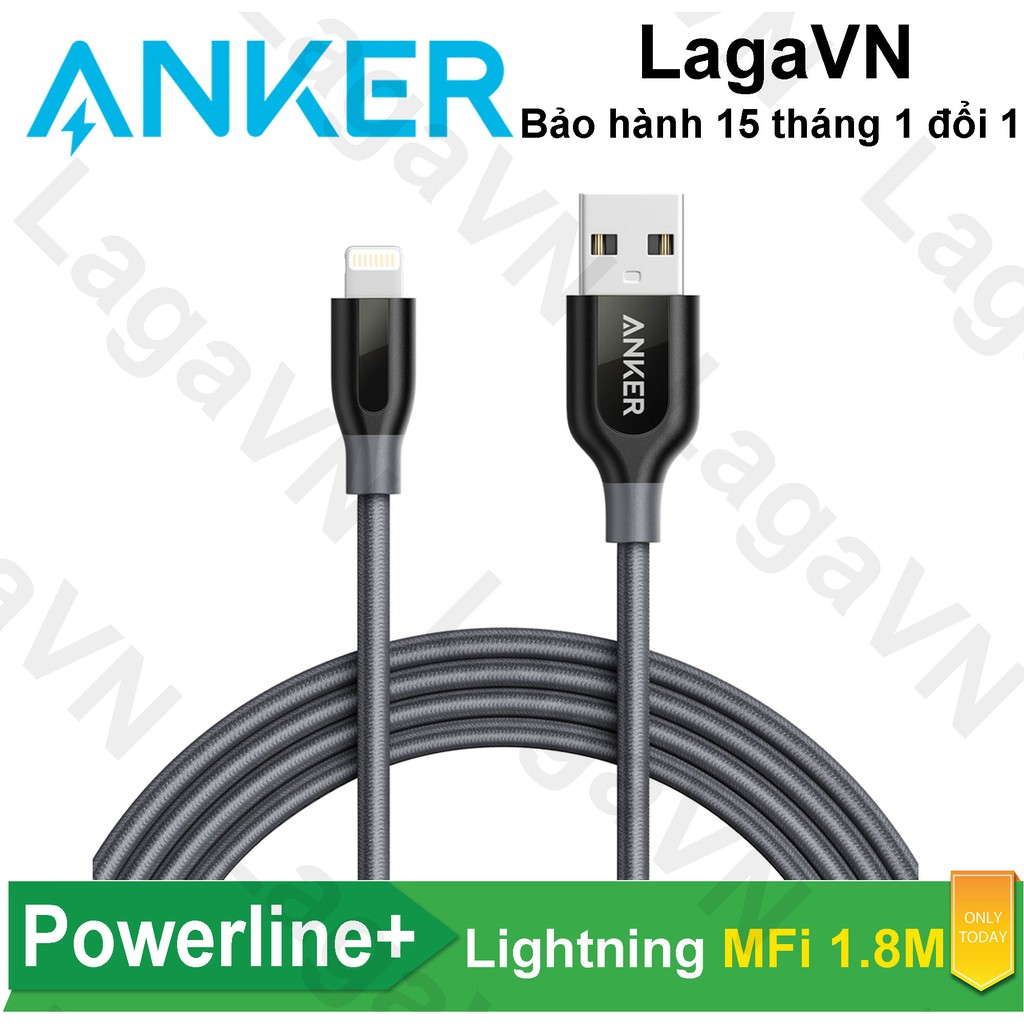 Cáp sạc nylon ANKER PowerLine+ Lightning MFi dài 1.8m (không túi da) cho iPhone iPad iPod - A8122