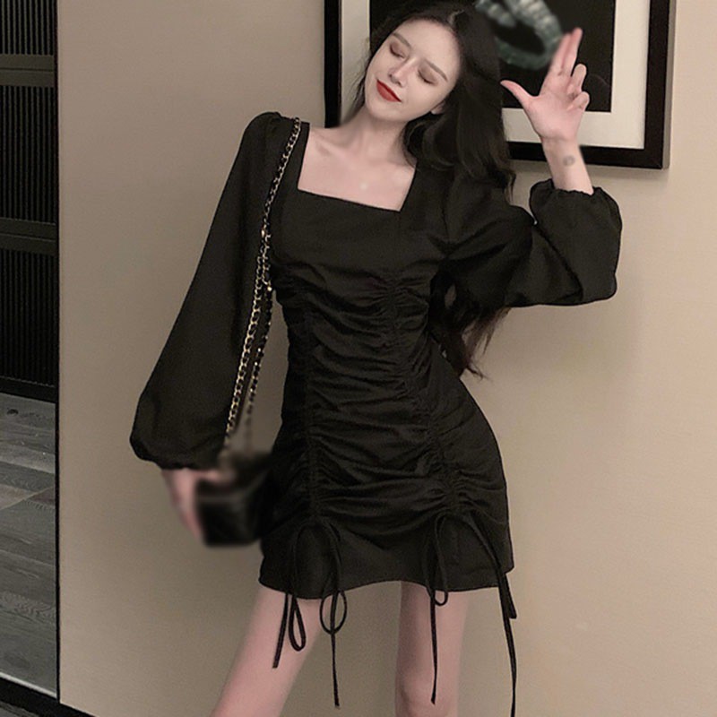 Đầm dài tay cổ vuông phối dây rút thiết kế chiết eo nữ tính