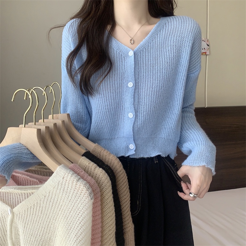 SUXI Áo Khoác Cardigan Dài Tay Cổ Chữ V Màu Sắc Đơn Giản Phong Cách Hàn Quốc
