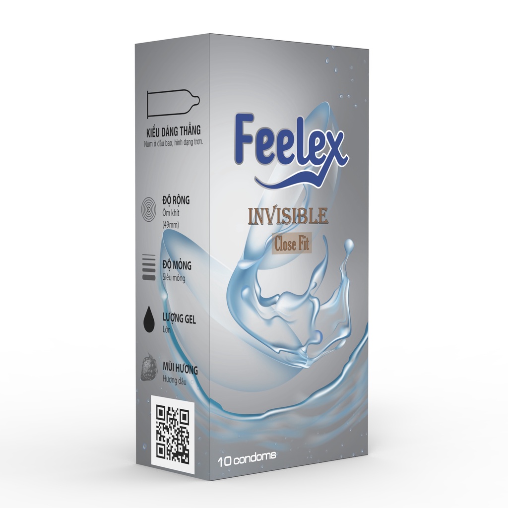 Bao cao su Feelex invisible siêu mỏng, nhiều gel size 49mm, hương dâu làm từ chất liệu cao su cao cấp nhập khẩu hôp 10c