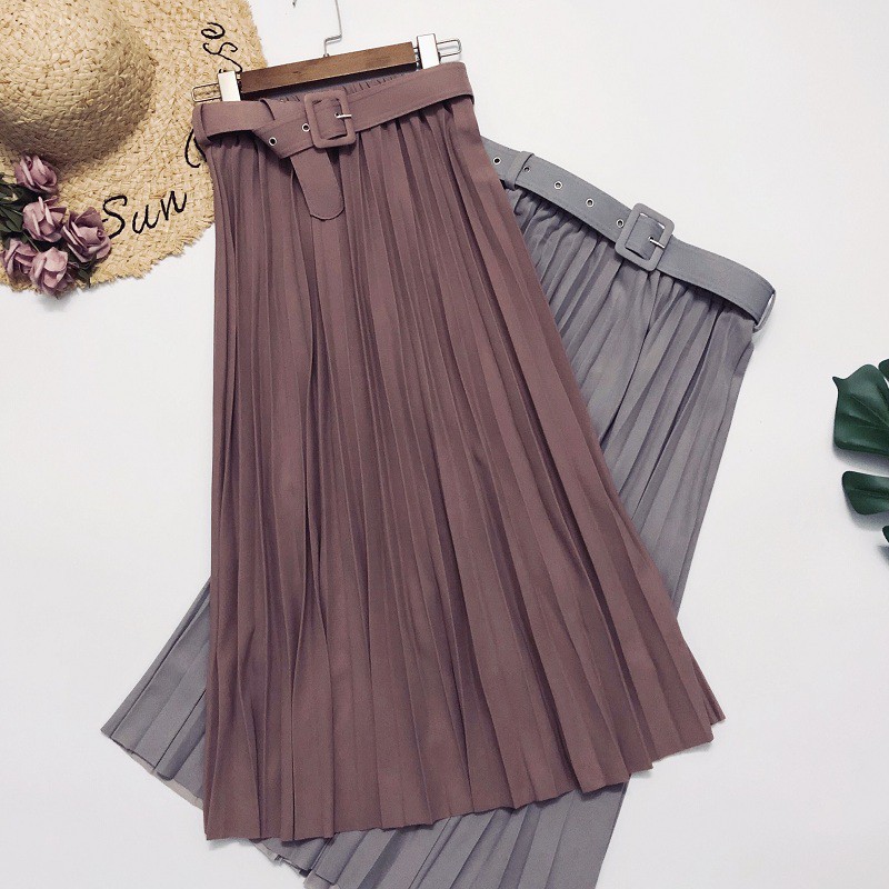 Chân Váy midi Lưng Cao Xếp Ly Màu Hồng plus size Phong Cách Hàn Quốc Thời Trang Cho Nữ