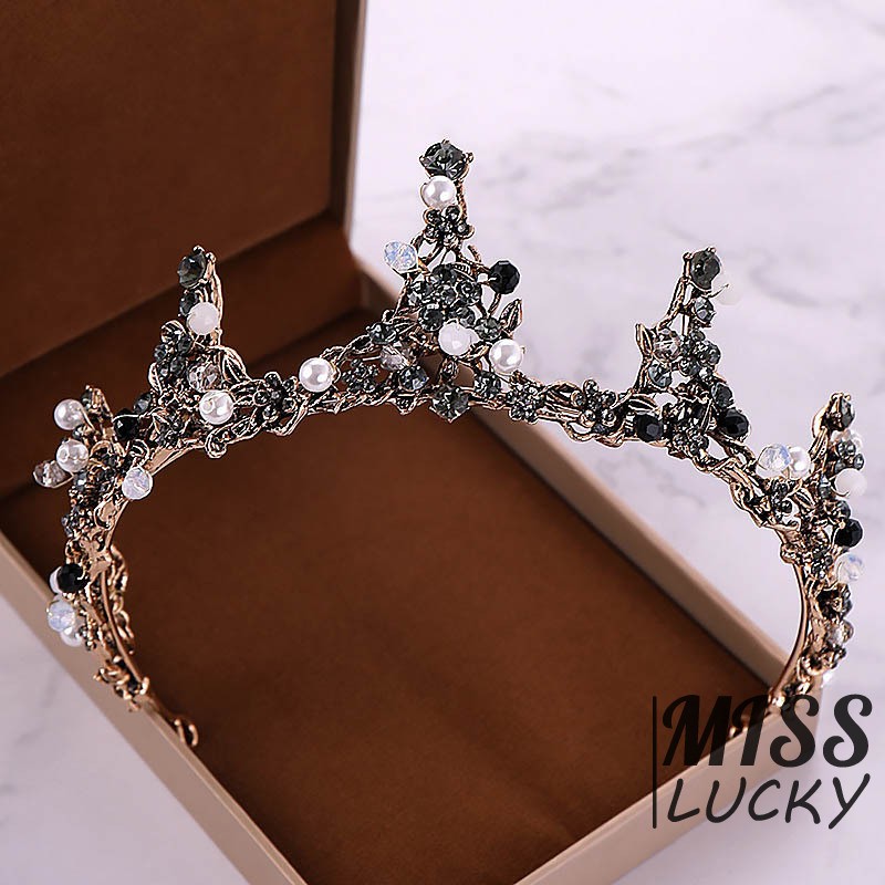 Vương miện công chúa đính pha lê đen kiểu Baroque cho nữ