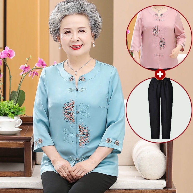 Quần áo mùa xuân và mùa hè của phụ nữ cao cấp, phụ nữ 60-70 tuổi cộng với bộ quần áo cỡ lớn