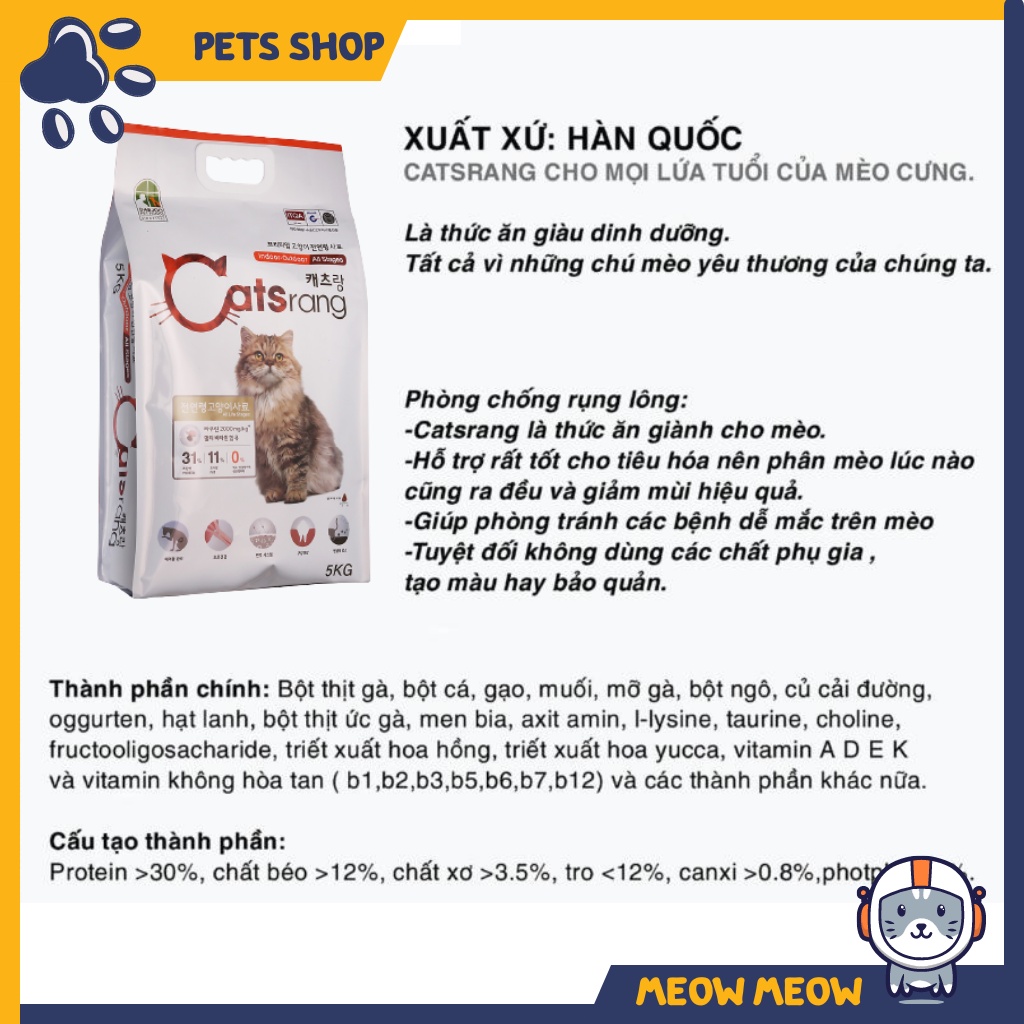 Hạt cho mèo Catsrang | Túi 5KG | Thức ăn cho mèo xuất sứ Hàn Quốc cho mọi lứa tuổi