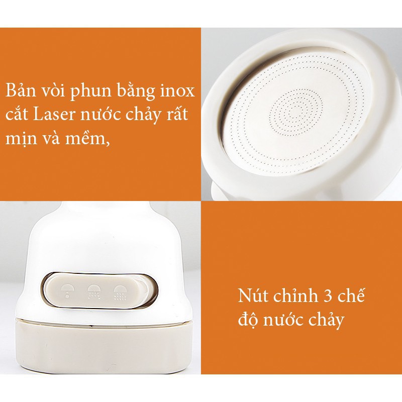 Đầu vòi rửa chén tăng áp xoay 360• điều chỉnh 3 chế độ phun nước.