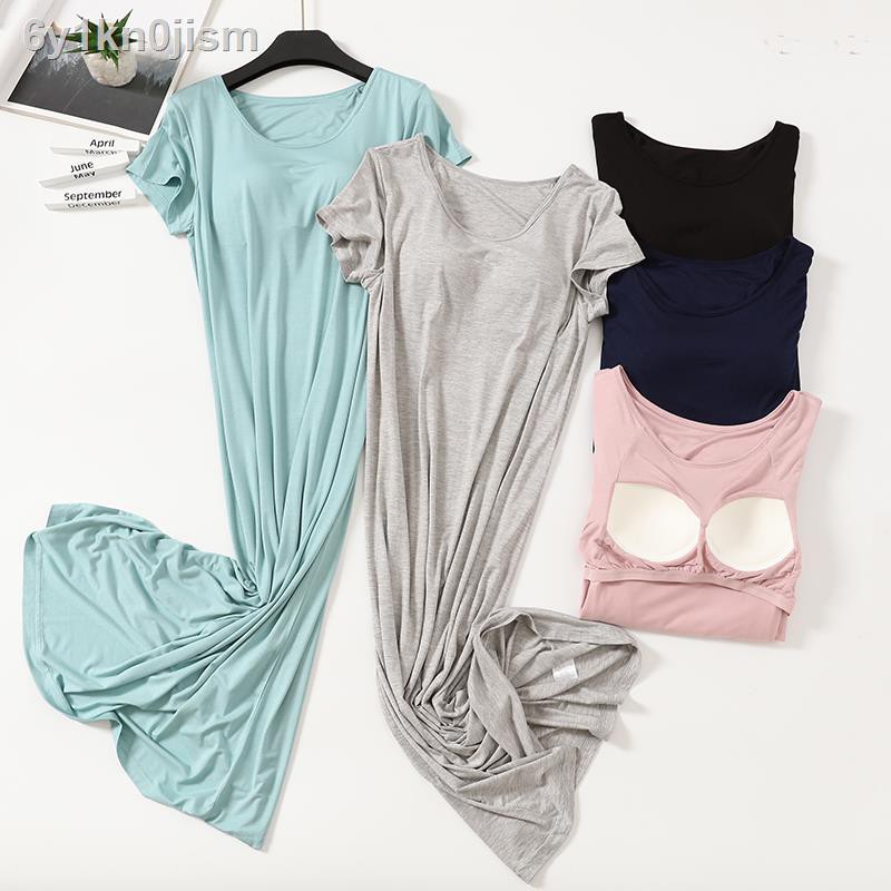 ☬ ◘Váy ngủ ngắn tay modal phiên bản dài có miếng lót ngực, cúp ngực dành cho phụ nữ, một - Bộ đồ rộng rãi, đầm, dịch vụ