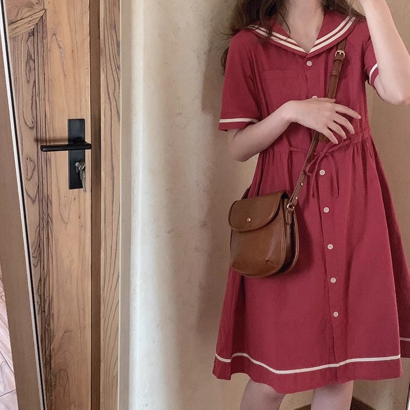 Váy đỏ dáng xoè buộc dây cổ sailor thuỷ thủ học sinh dễ thương ulzzang Hàn Quốc [Yannie]
