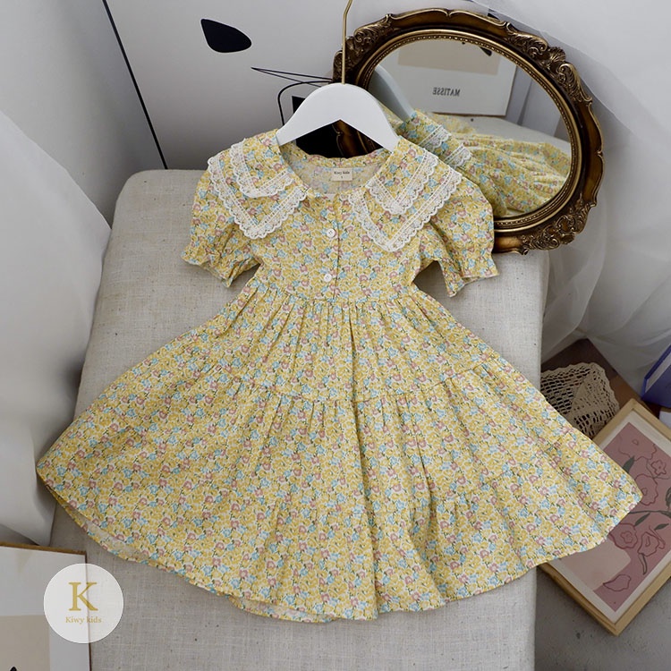 Váy cotton bé gái KIWY KIDS dáng xòe công chúa, cổ 2 lớp viền ren Kidsh2183 cho bé từ 10-25kg