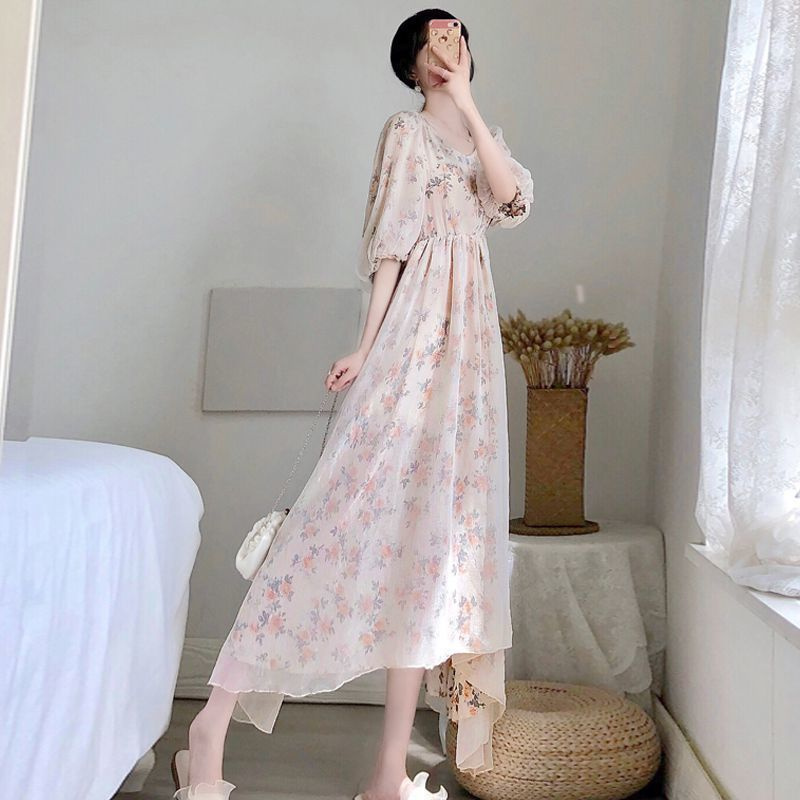 Đầm Voan Hoa Cổ Vuông Lưng Cao Dáng Dài Size S~3XL Thời Trang Retro Cho Nữ