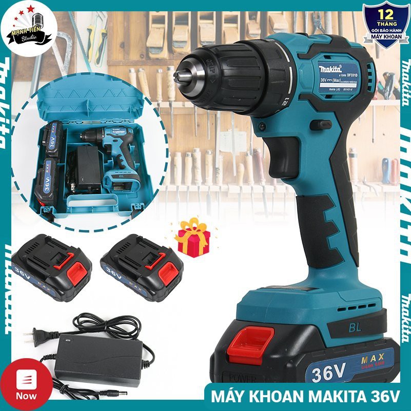 Máy khoan pin động cơ không chổi than Makita 36V DF331D-Lõi đồng 100%, Đầu 10mm–21 cấp trượt–Kèm 2 pin sạc, 1 dock sạc