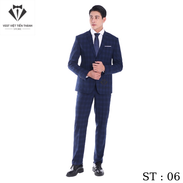 Vest nam xanh than kẻ caro cao cấp vest việt tiến thành