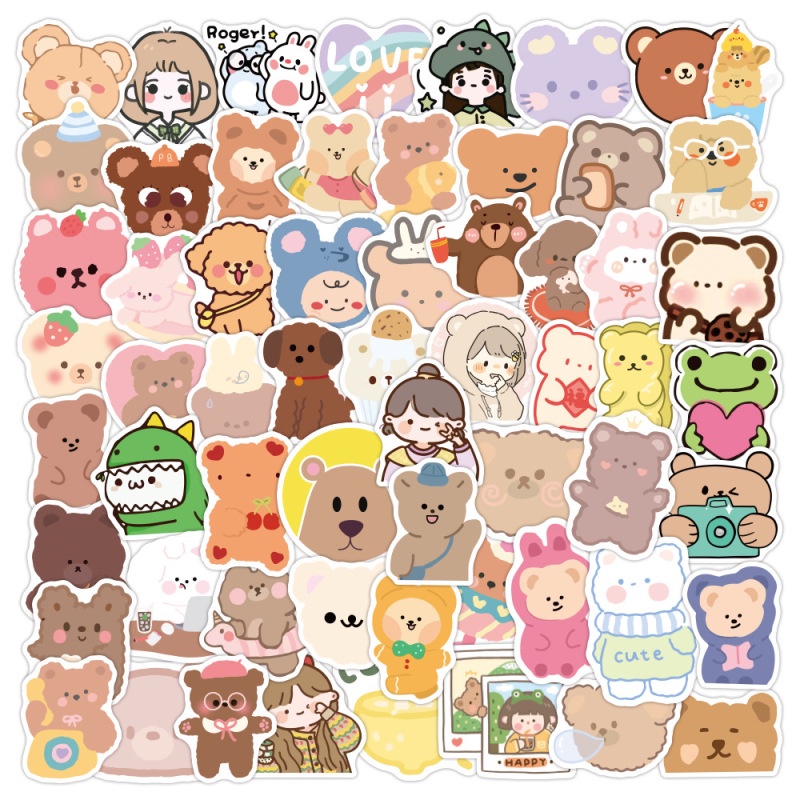 Set 60-100 Nhãn Dán Trang Trí Tủ Lạnh Laptop Chống Thấm Nước Hình Gấu Kiểu Hàn Quốc Dễ Thương