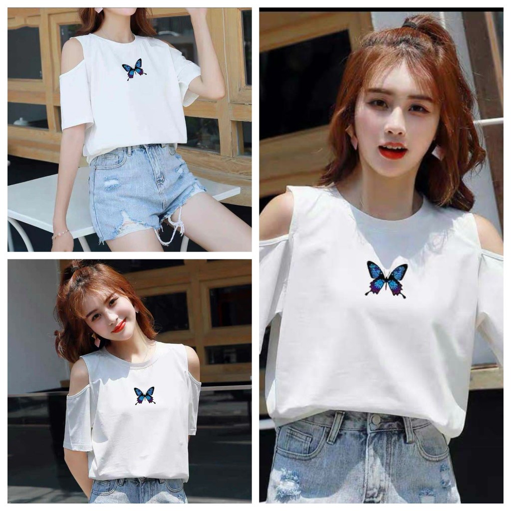 Áo croptop tay ngắn thêu bướm VIETCEN áo croptop kiểu hở vai chất thun mềm mát