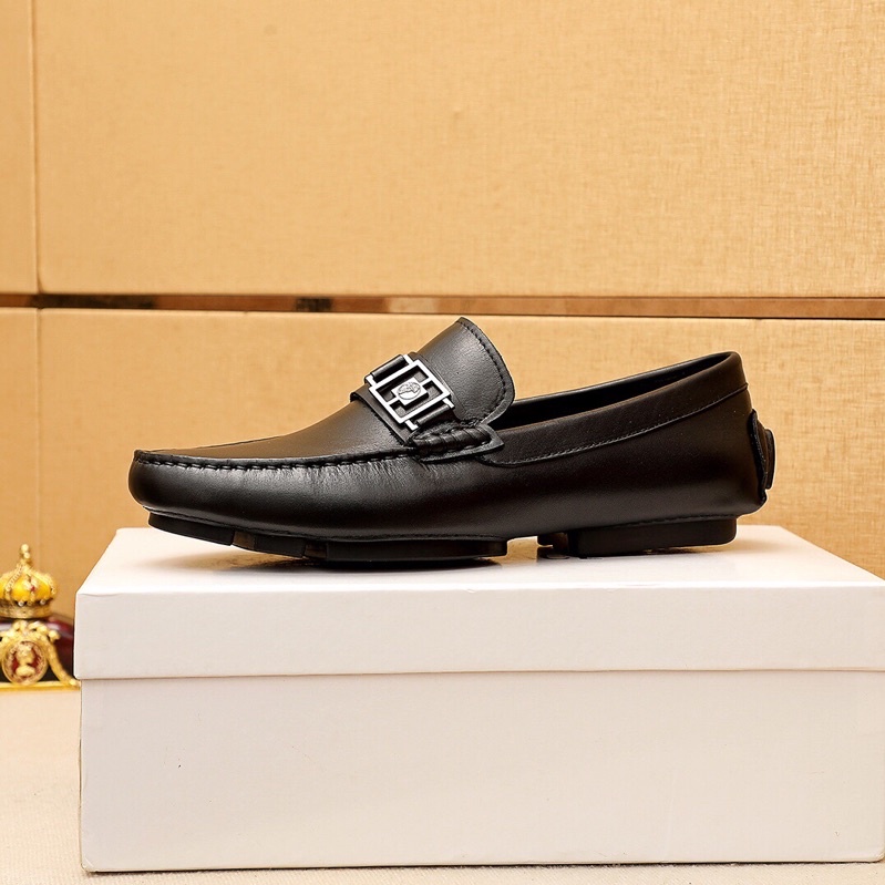Giày lười nam da thật logo thương hiệu Versace cao cấp màu đen trơn