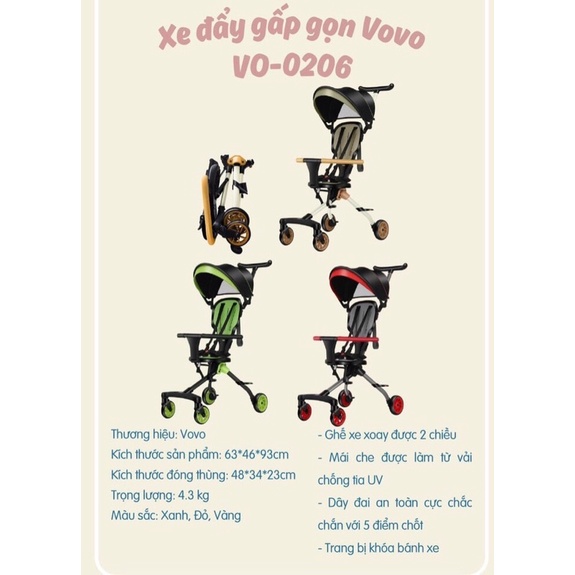 Xe đẩy đảo chiều gấp gọn Vovo có mái ( xe đẩy du lịch Vovo )
