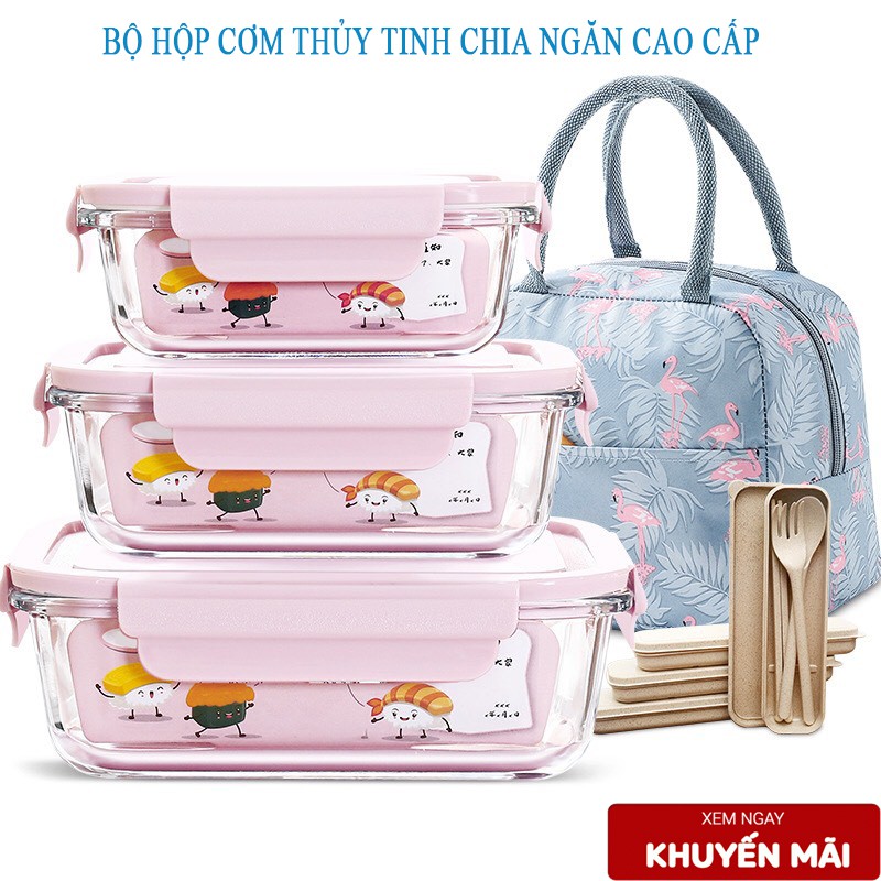 Bộ Hộp Cơm Thủy Tinh Tặng Kèm Túi Giữ Nhiệt Và Bộ Đũa Thìa 680ml x 410ml
