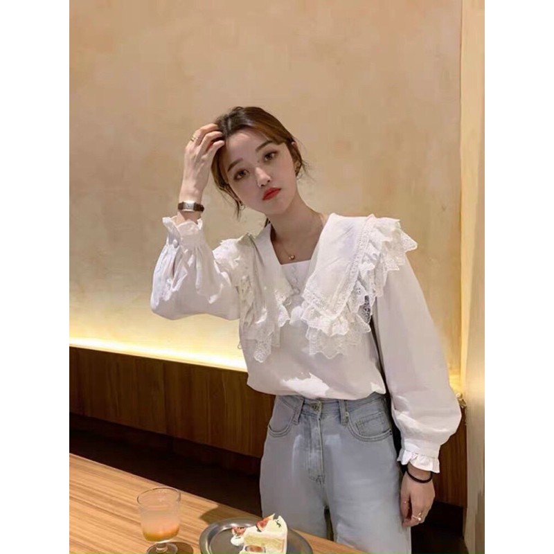 Áo Sơ Mi Trắng Thô Cổ Ren Bèo - Khuy Bọc QC ❤️
