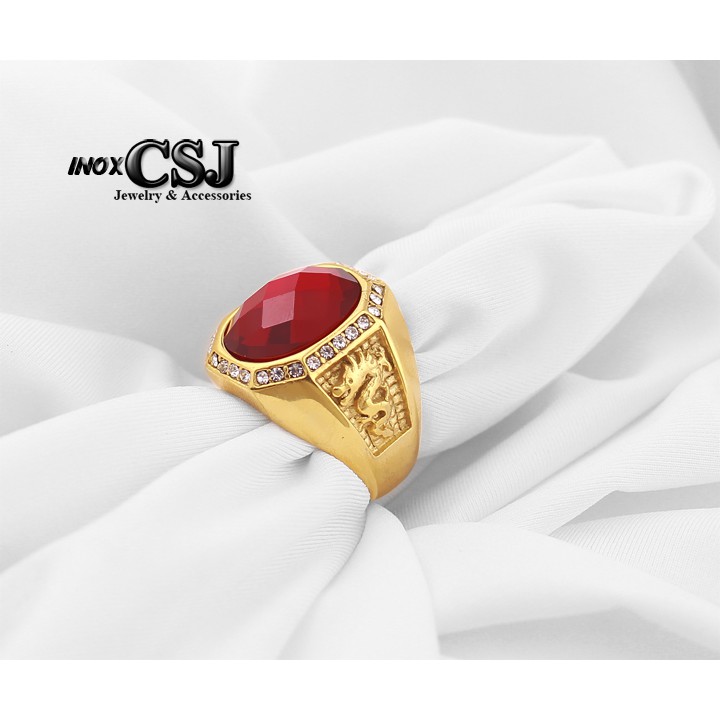 NHẪN NAM INOX MẠ VÀNG 2 BÊN CON RỒNG ĐÁ ĐỎ siêu đẹp - tặng hộp đựng xinh xắn