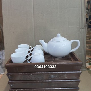 Bộ ấm chén sứ trắng Bát Tràng dáng Camellia ( có khay )