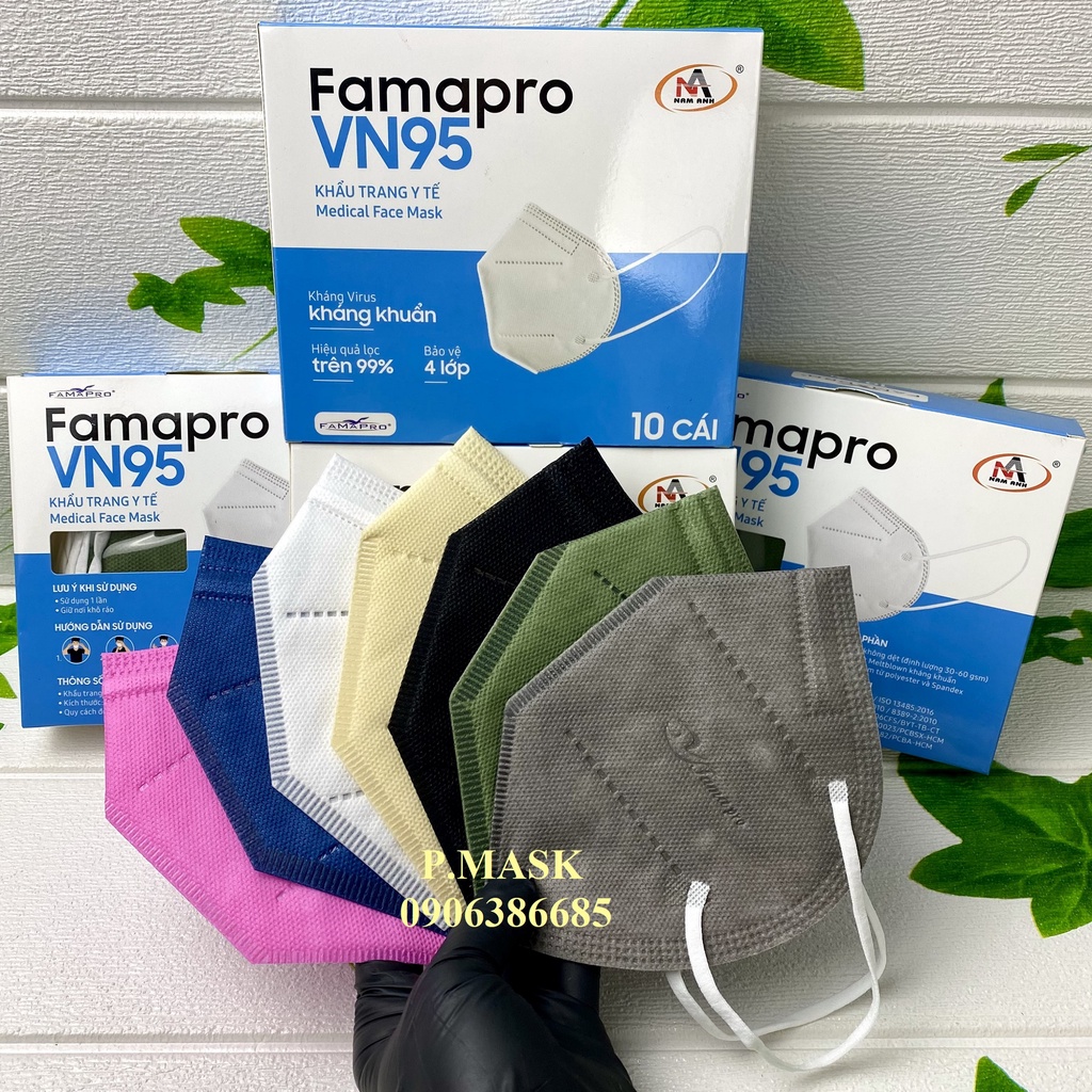 Khẩu trang Nam Anh VN95 FAMAPRO kháng khuẩn 10 cái/ hộp màu Trắng / Xanh / Xám / Rêu / Đen / Vàng Nhạt / Hồng