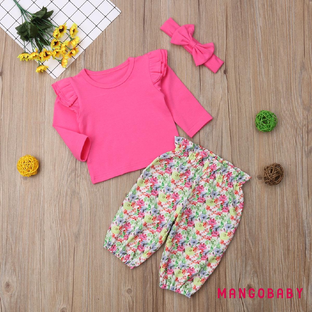 Bộ 3 Món Áo Tay Dài + Quần Dài In Hoa Dễ Thương Cho Bé