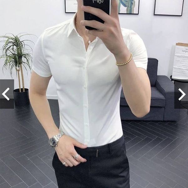 Áo sơ mi nam ngắn tay cổ bẻ vải lụa chống nhăn chống xù áo sơ mi nam tay ngắn bó sát người thoáng mát bền bỉ