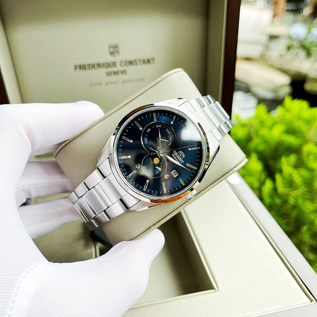 Đồng hồ Nam Orient Sun Moon 5 RA-AK0303L10B Automatic Size 42mm,Mặt xanh,Lịch thứ ngày-Máy cơ-Dây kim loại cao cấp