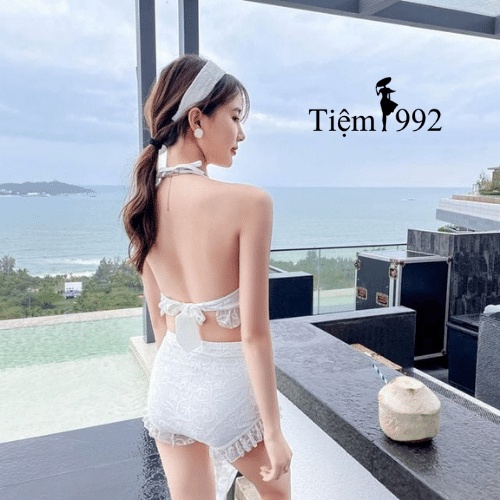Set bikini 3 món có áo choàng ren sang chảnh hàng quảng châu không lộ bụng