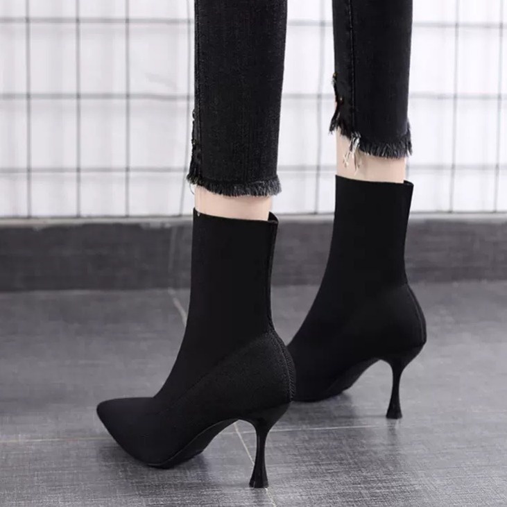 Giày Bốt Cao Gót Mũi Nhọn Phối Tất Mỏng Co Giãn Thời Trang Thu Đông Hàng Mới 2021 Dành Cho Bạn Nữ