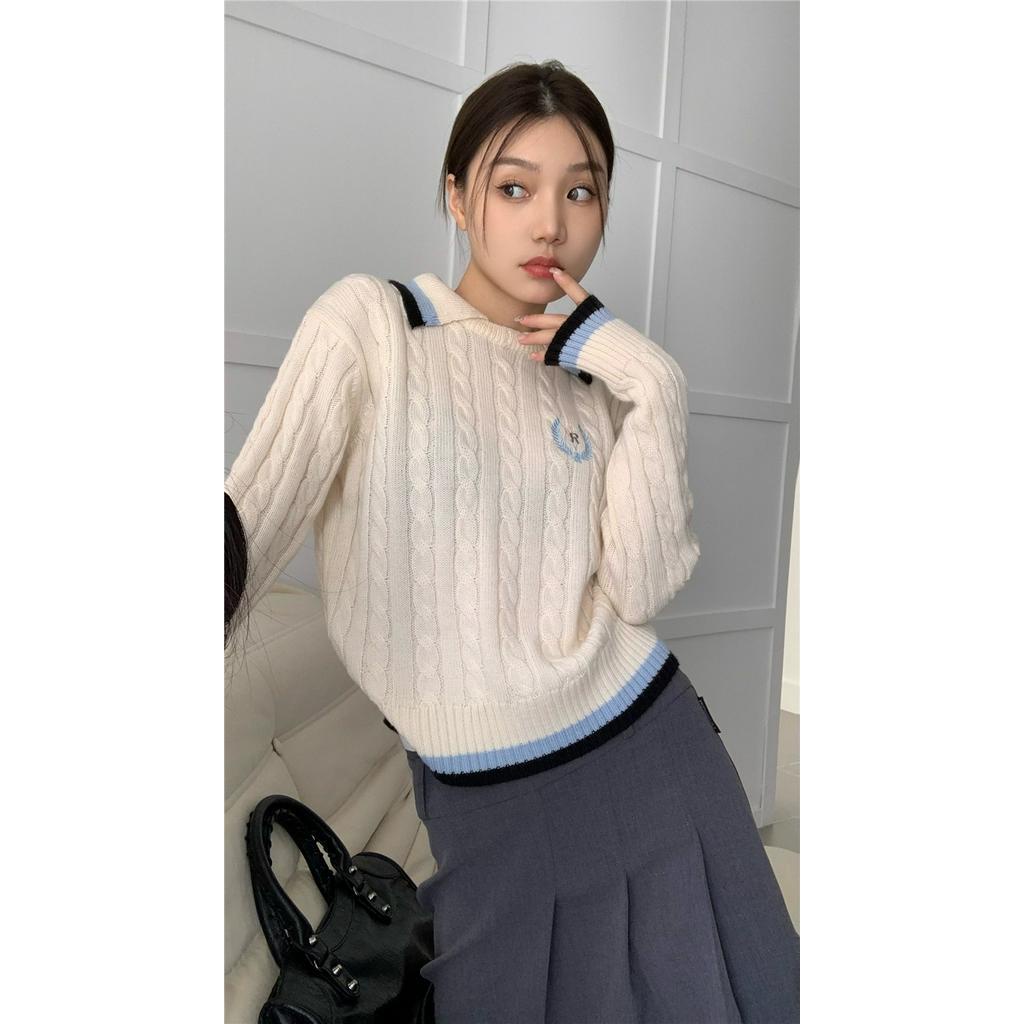 Áo Sweater Dệt Kim Tay Dài Cổ polo Thêu Họa Tiết Màu Sắc Tương Phản Phong Cách Preppy 5648