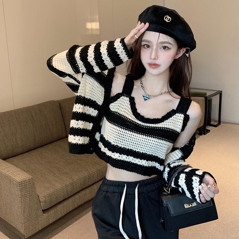 Set Áo Khoác cardigan Họa Tiết Kẻ Sọc Màu Tương Phản Và Áo Cộc Tay Thời Trang Hàn Quốc