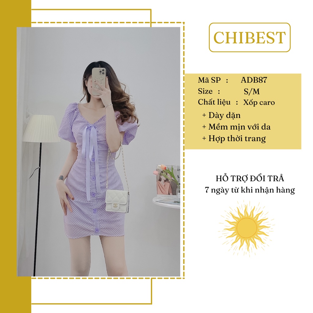 Đầm body caro nhún thân tay phồng phối nơ ngực CHIBEST ADB87