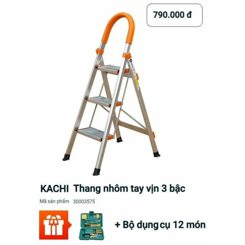 KACHI Thang nhôm tay vịn 3 bậc MK-148 &lt;br&gt;Tặng ngay: Bộ dụng cụ 12 món