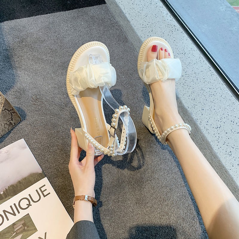 Giày Cao Gót Hở Ngón Đính Ngọc Trai Thời Trang Xuân Hè Dành Cho Nữ 2021