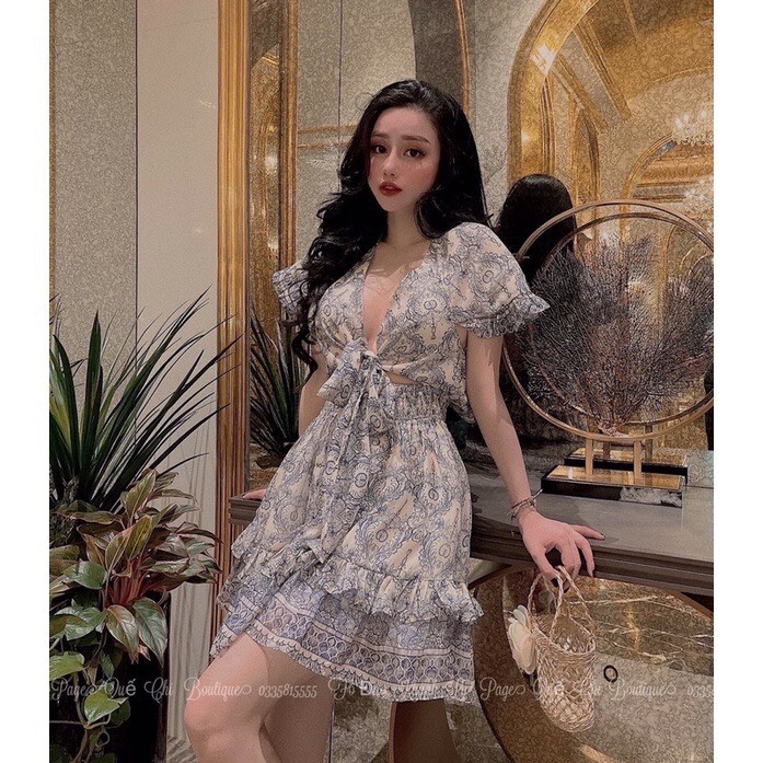 Đầm xòe họa tiết thổ cẩm bèo nơ ngực hở lung-Đầm maxi biển