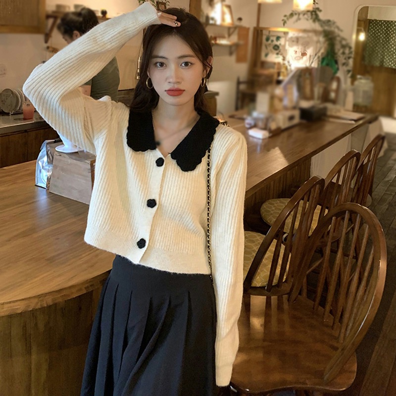 Áo croptop dệt kim tay dài cài nút phía trước thời trang cho nữ