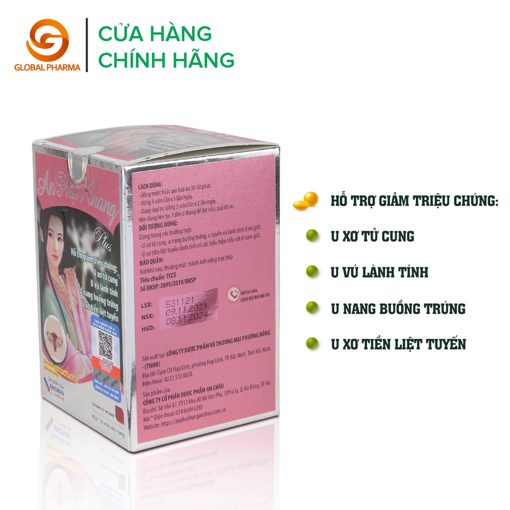 An Phụ Khang Plus An Châu hỗ trợ giảm triệu chứng u xơ tử cung, u nang buồn trứng - Lọ 60 viên AC001- Global Pharma