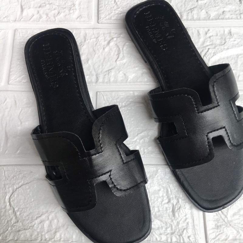 Dép H da trơn may viền đen, dép lê nữ đế thấp thời trang mũi vuông sang chảnh truyền thống