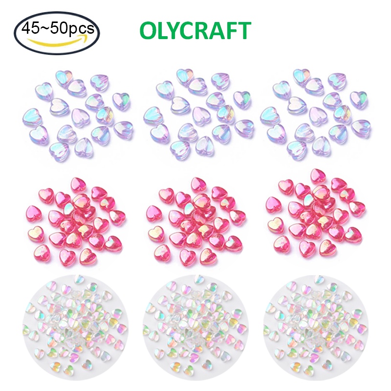 Bộ 45-50 Hạt Nhựa Acrylic Trong Suốt Hình Trái Tim AB 8x8x3mm Làm Trang Sức Thủ Công 1.5mm
