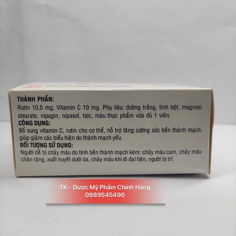 Rutin C Đại Uy/ Rutin C Hà Thành - Bổ Sung Vitamin C Giúp Tăng Tính Bền Mạch Máu, Giảm Chảy Máu Chân Răng - Hộp 100 Viên | Thế Giới Skin Care