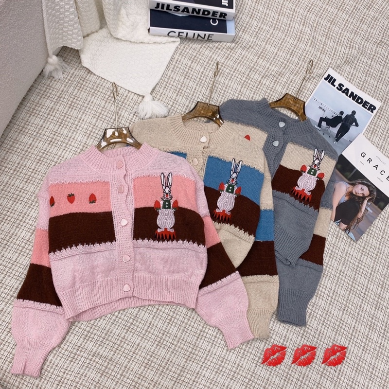 Áo len cadigan nữ chú thỏ cà rốt phối màu vintage